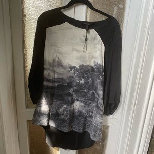 BCBG Landscape Print Blouse with Peekaboo Back